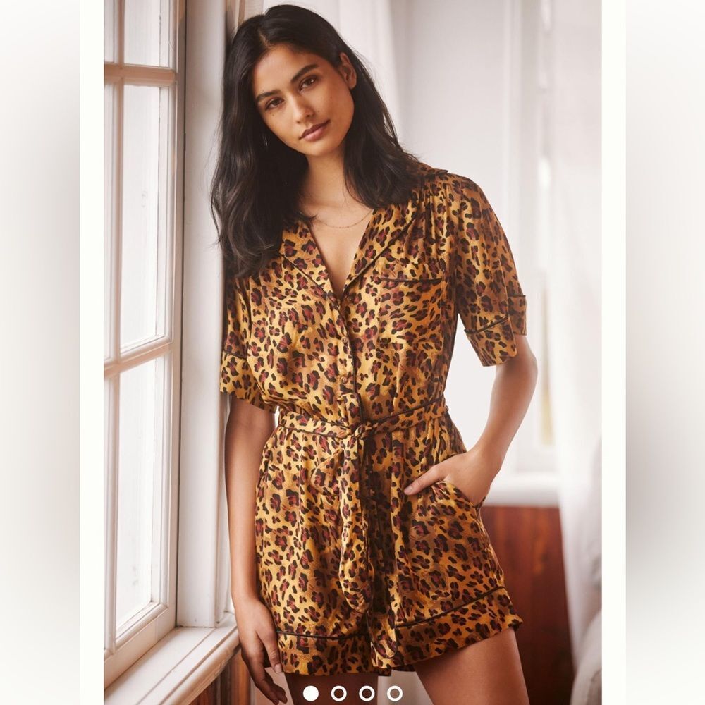 Anthropologie Leopard Print Satin Romper in Golden Brown